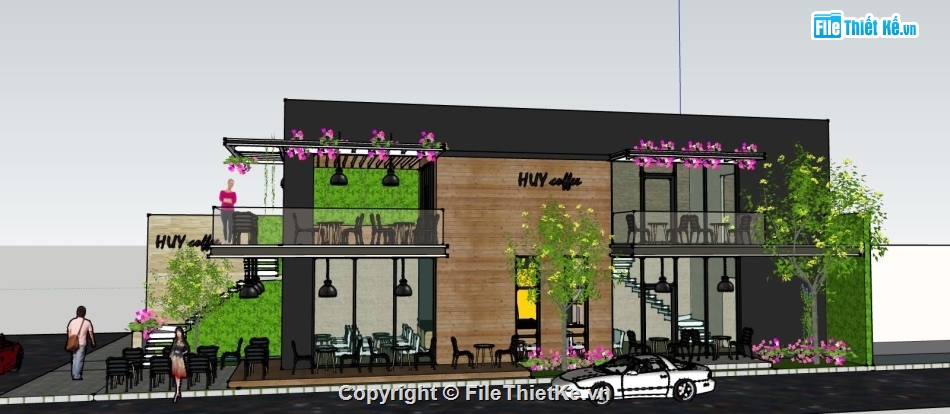 quán cafe 2 tầng,su quán cafe,file sketchup quán cafe,model su quán cafe