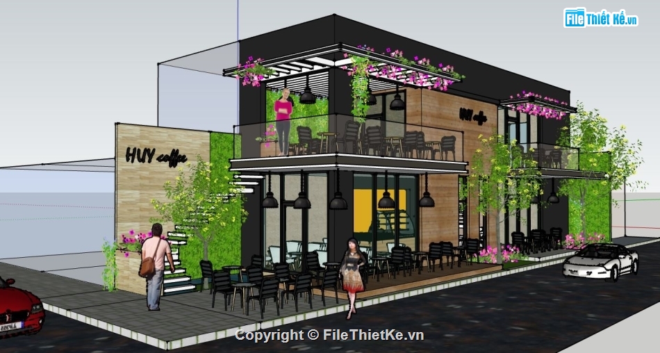 quán cafe 2 tầng,su quán cafe,file sketchup quán cafe,model su quán cafe