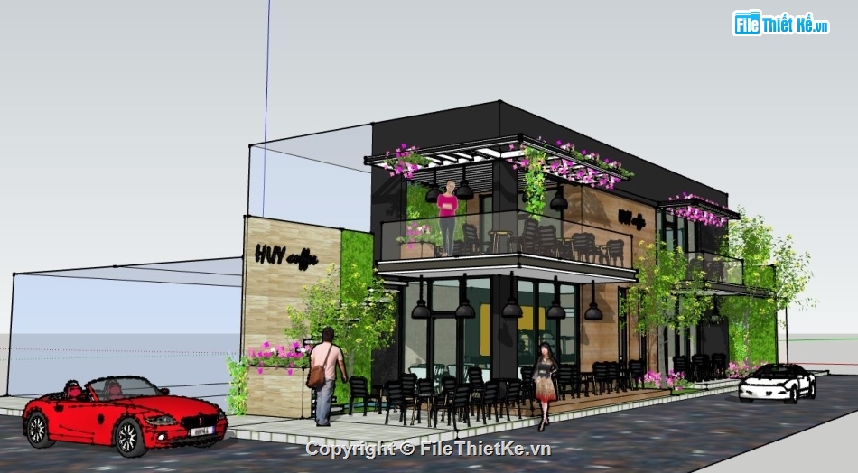 quán cafe 2 tầng,su quán cafe,file sketchup quán cafe,model su quán cafe