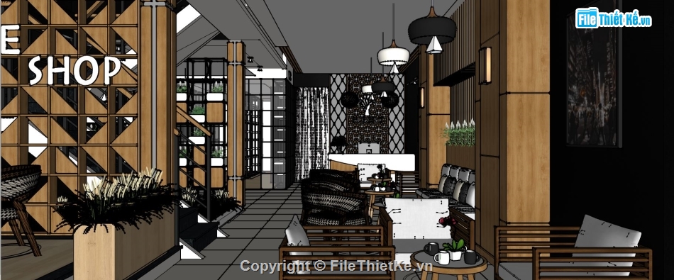 su quán cafe,file sketchup quán cafe,thiết kế quán cafe,model su cafe