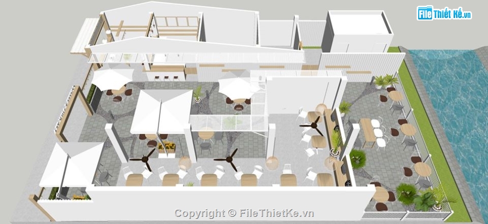sketchup thiết kế quán coffee,su quán coffee,model su quán cafe,mẫu quán coffee 2 tầng