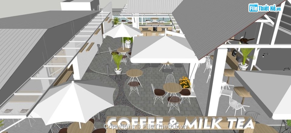 sketchup thiết kế quán coffee,su quán coffee,model su quán cafe,mẫu quán coffee 2 tầng