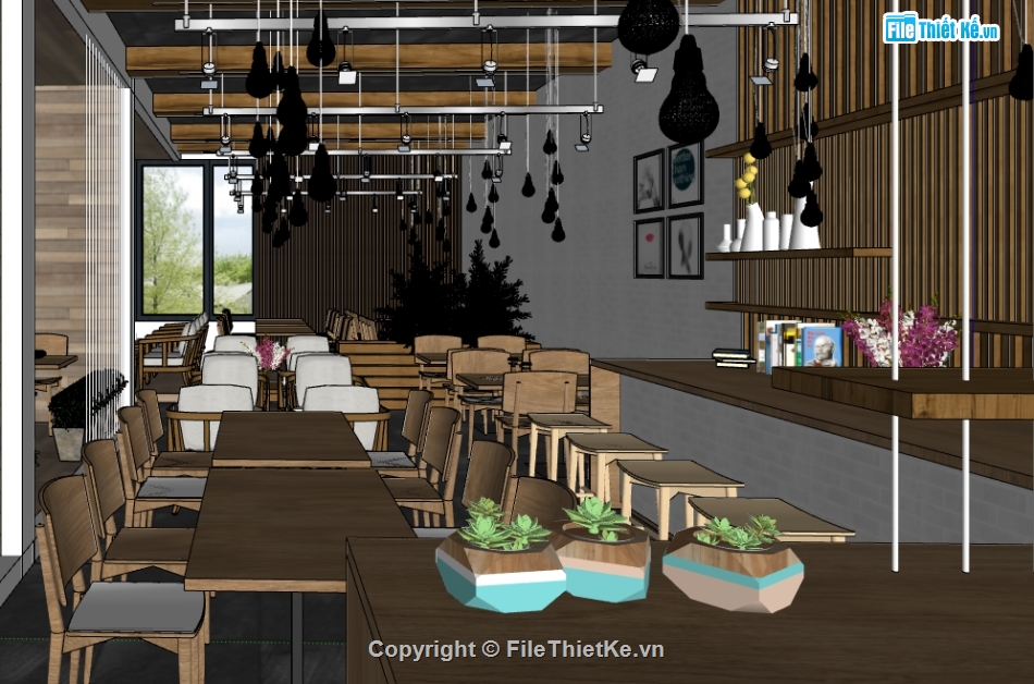 nội thất quán cafe,dựng model su quán coffee,file sketchup quán cà phê đẹp,coffee garden dựng model su