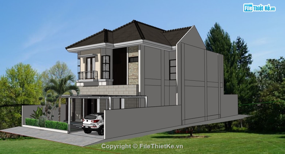 villa 2 tầng,sketchup villa 2 tầng,thiết kế villa 2 tầng,phối cảnh villa model sketchup
