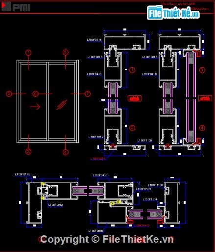 mặt cắt nhôm PMI,bản vẽ cửa nhôm,cửa nhôm PMI,bản vẽ cad cửa nhôm