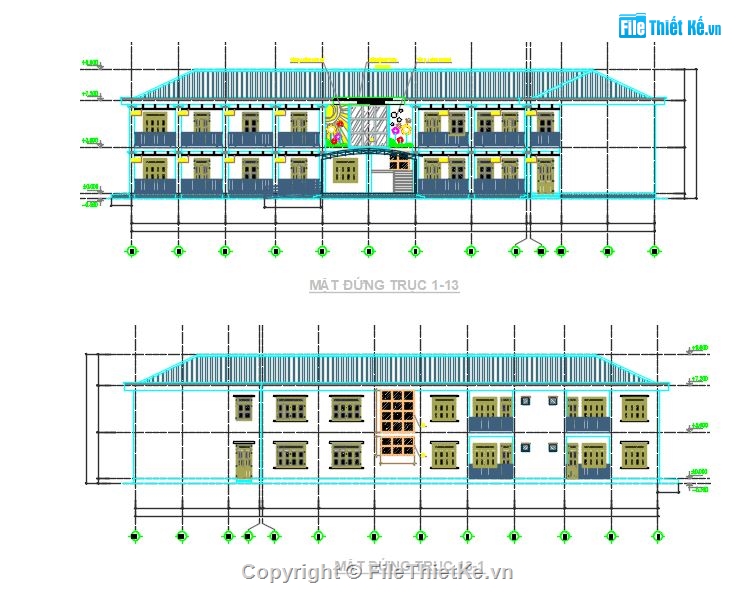 Trường mầm non,Bản vẽ trường học 2 tầng,file thiết kế trường mầm non