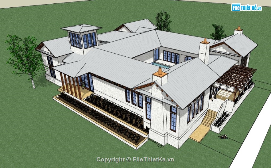 Villa hồ bơi file sketchup,Villa có hồ bơi,model su villa 1 tầng,villa 1 tầng file su