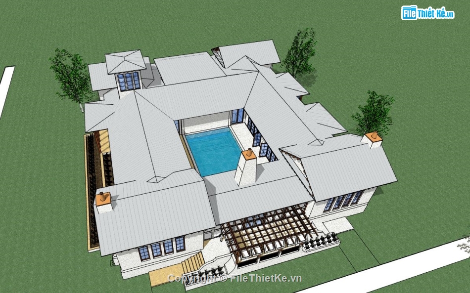 Villa hồ bơi file sketchup,Villa có hồ bơi,model su villa 1 tầng,villa 1 tầng file su