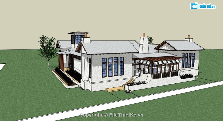 Villa hồ bơi file sketchup,Villa có hồ bơi,model su villa 1 tầng,villa 1 tầng file su