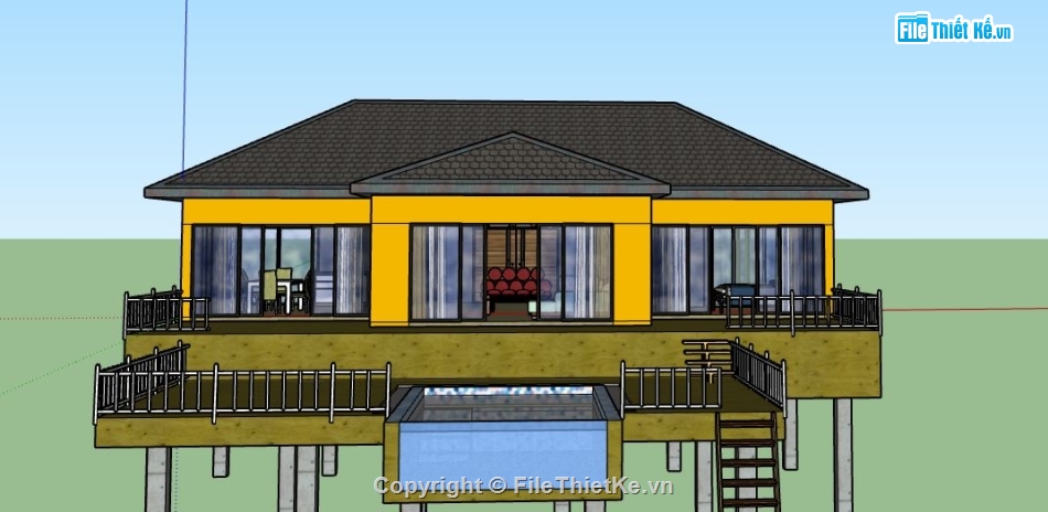 Villa nghỉ dưỡng 1 tầng,villa đẹp,hồ sơ thiết kế villa,file sketchup villa,model sketchup villa