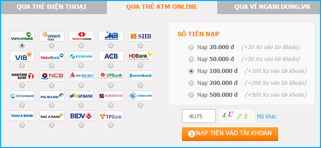 Hướng dẫn NẠP TIỀN vào tài khoản Nạp tiền, nạp qua thẻ điện thoại, nạp tiền atm, ví điện tử, nạp thẻ