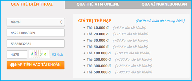 Hướng dẫn NẠP TIỀN vào tài khoản Nạp tiền, nạp qua thẻ điện thoại, nạp tiền atm, ví điện tử, nạp thẻ