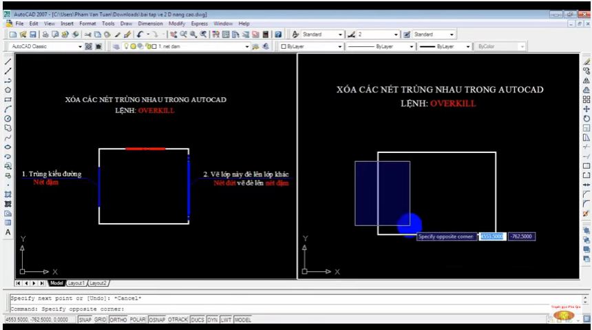 xoá nét,trùng nhau,autocad
