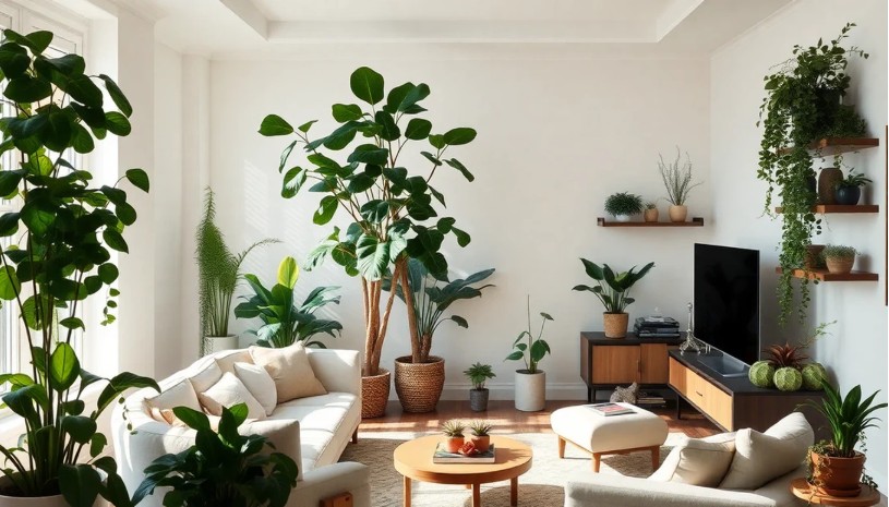 không gian phòng khách, phòng khách đẹp, trang trí cây xanh phòng khách