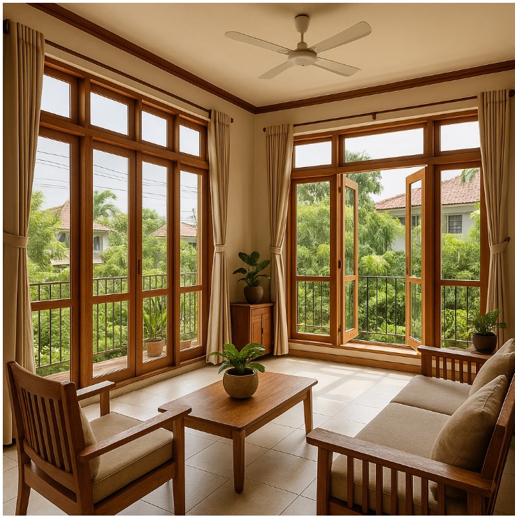 nhà nhiều cửa sổ, làm mát tự nhiên, bẫy nhiệt mùa hè, thiết kế nhà thông thoáng