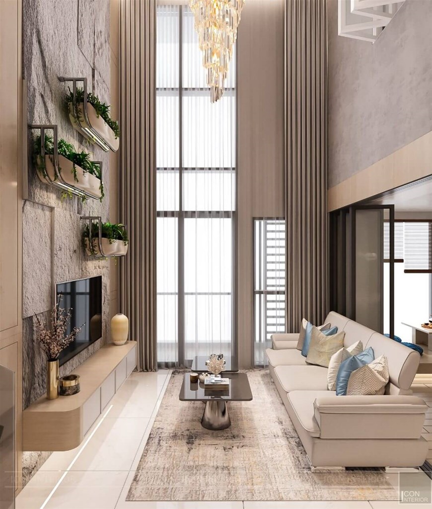 phòng khách thông tầng, thiết kế thông tầng, phòng khách cao trần, nhà phố thông tầng